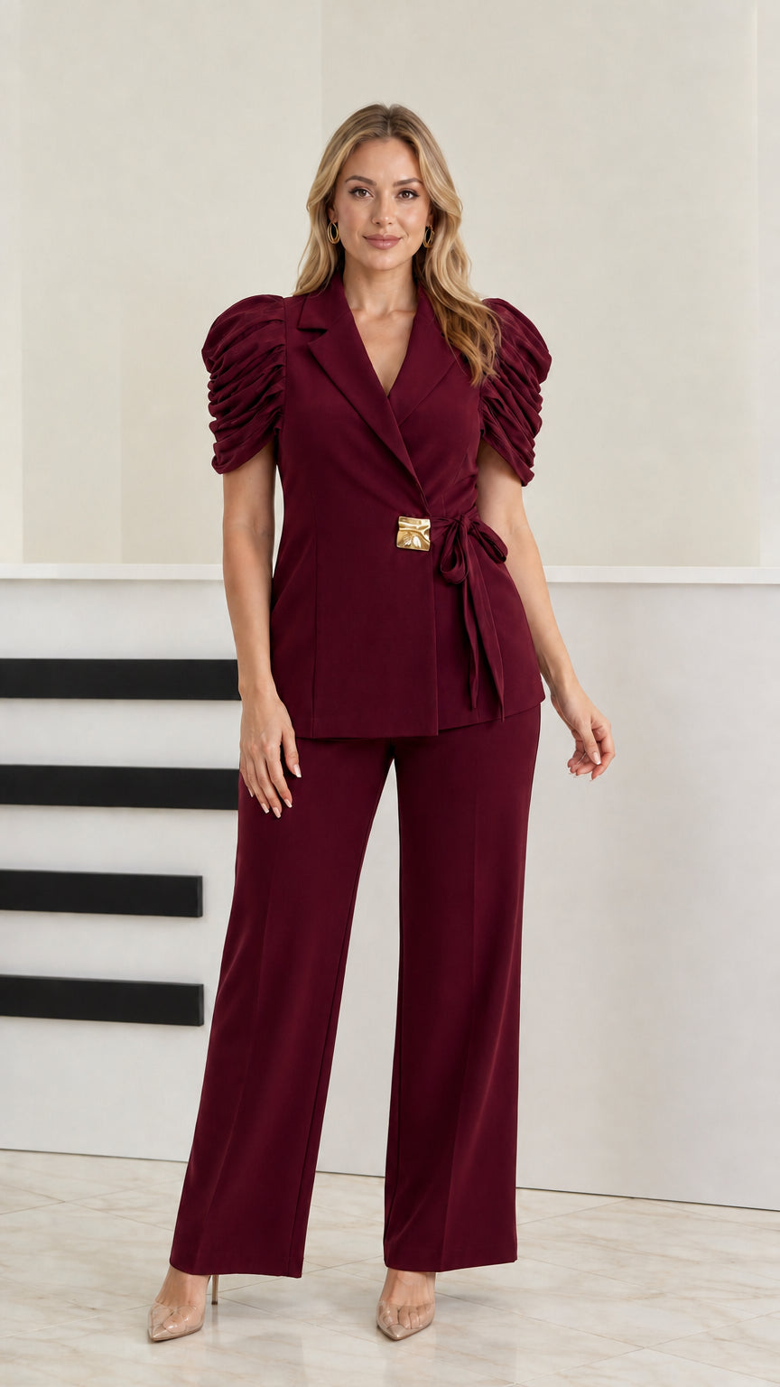 Model wearing burgundy wine two-piece short sleeve wrap suit set