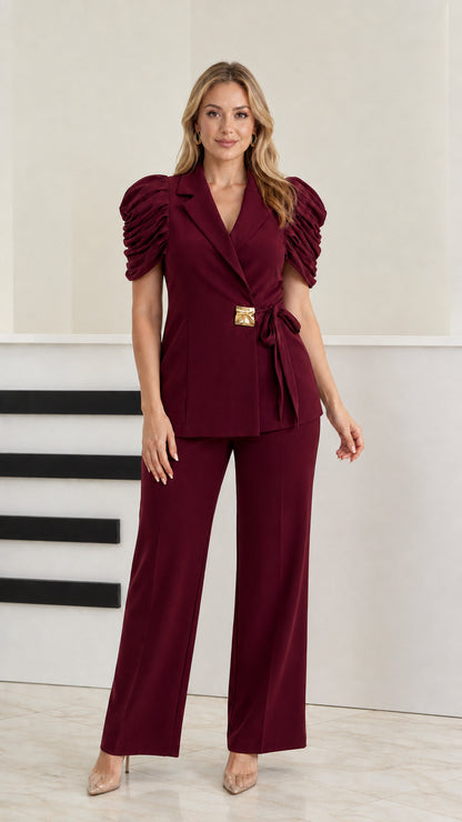Model wearing burgundy wine two-piece short sleeve wrap suit set