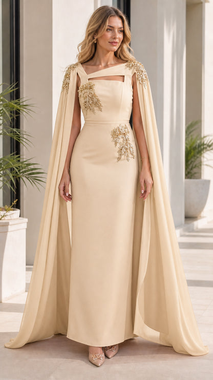 Woman wearing champagne evening dress with attached cape