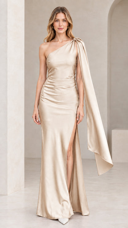 Champagne gold one-shoulder satin gown with draped shoulder sash