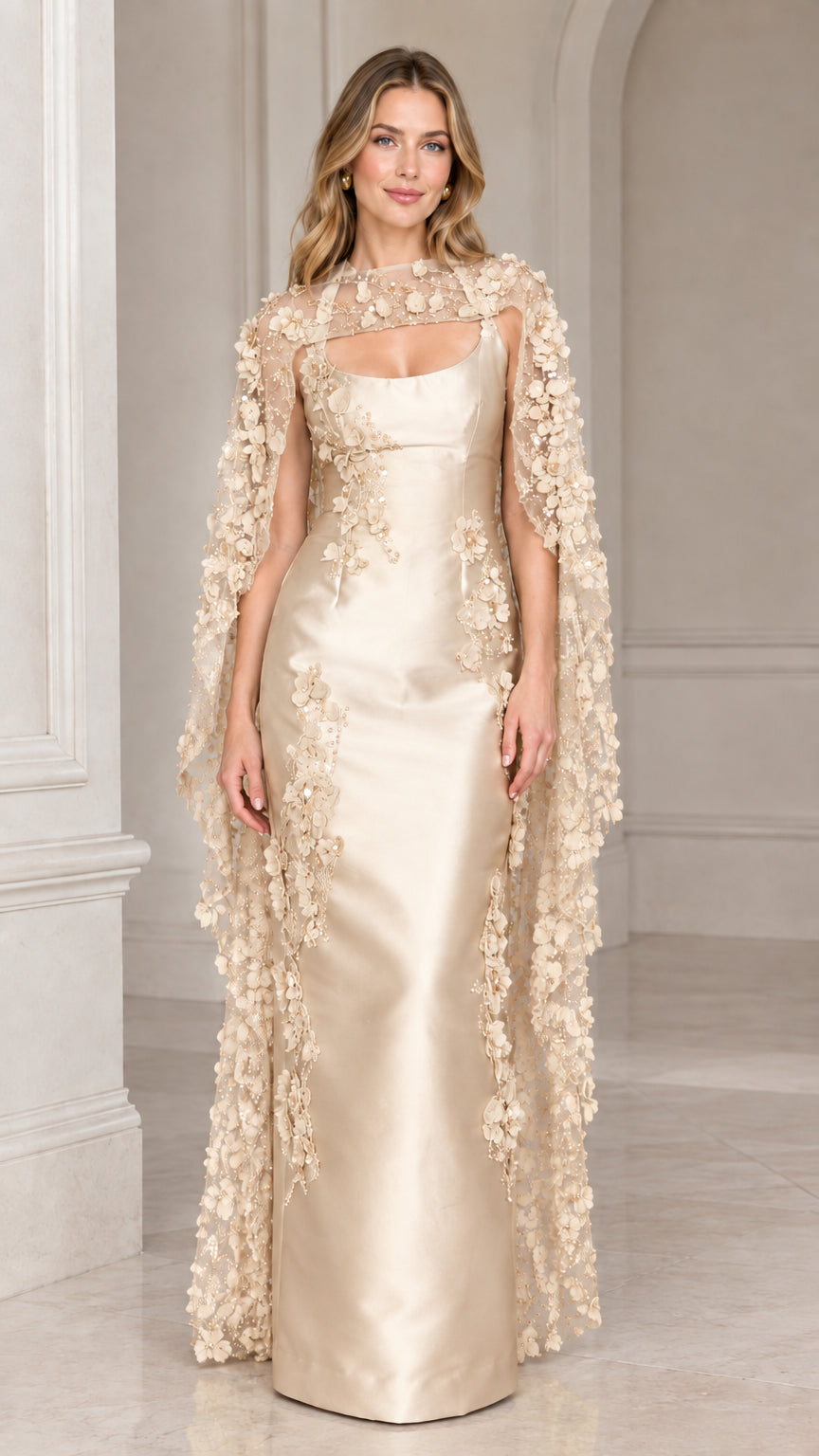 Champagne gold satin column evening dress with matching floral embellished cape