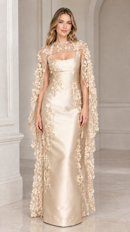 Champagne gold satin column evening dress with matching floral embellished cape