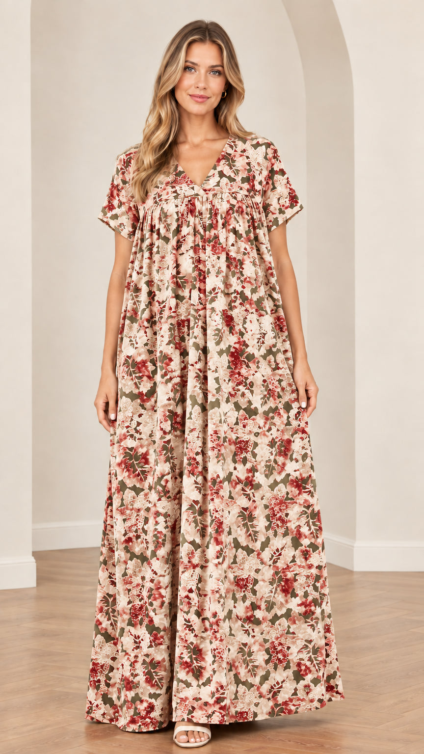 Front view of cream floral short sleeve full-length maxi dress