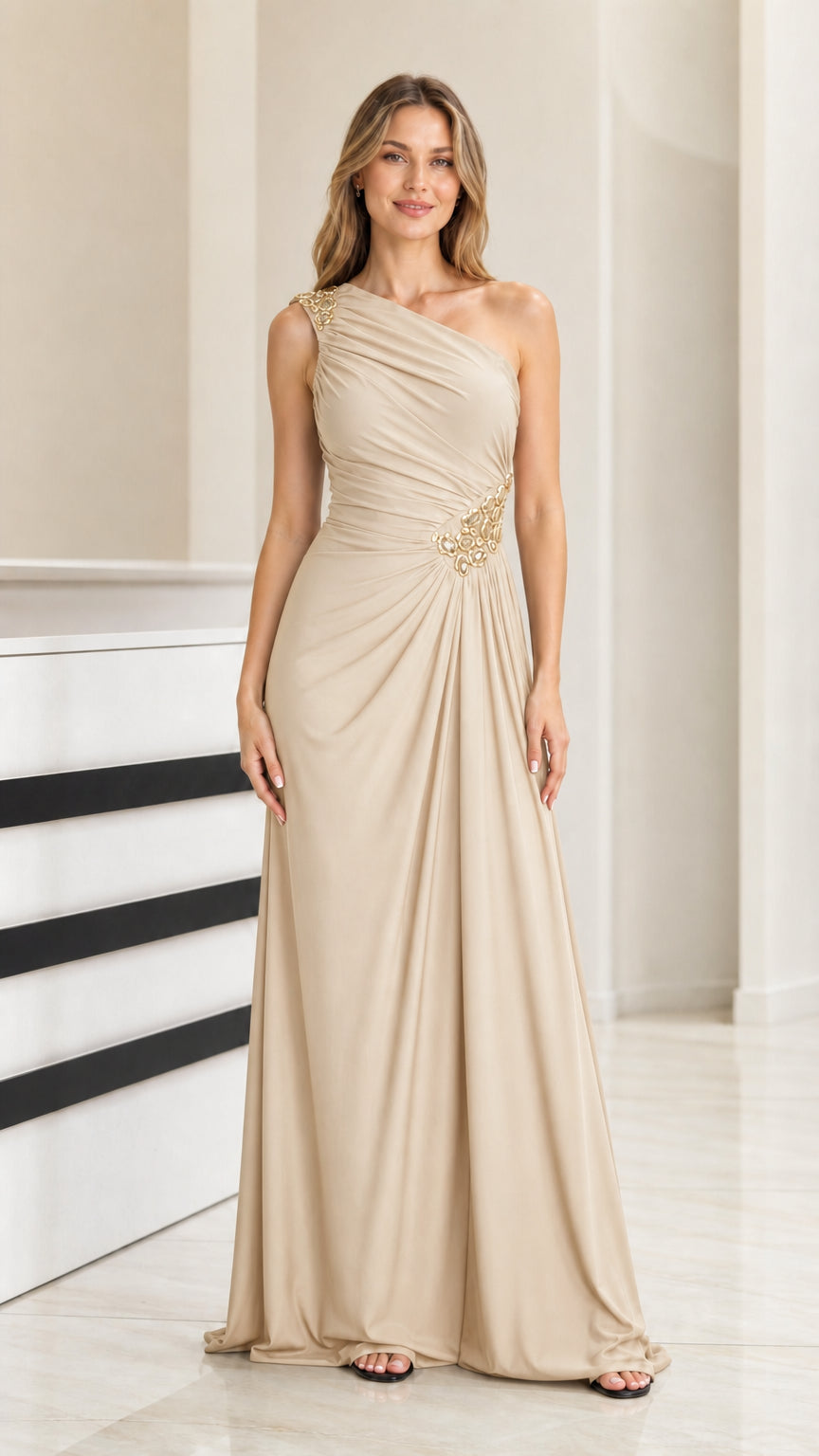 Champagne beige one-shoulder formal maxi dress