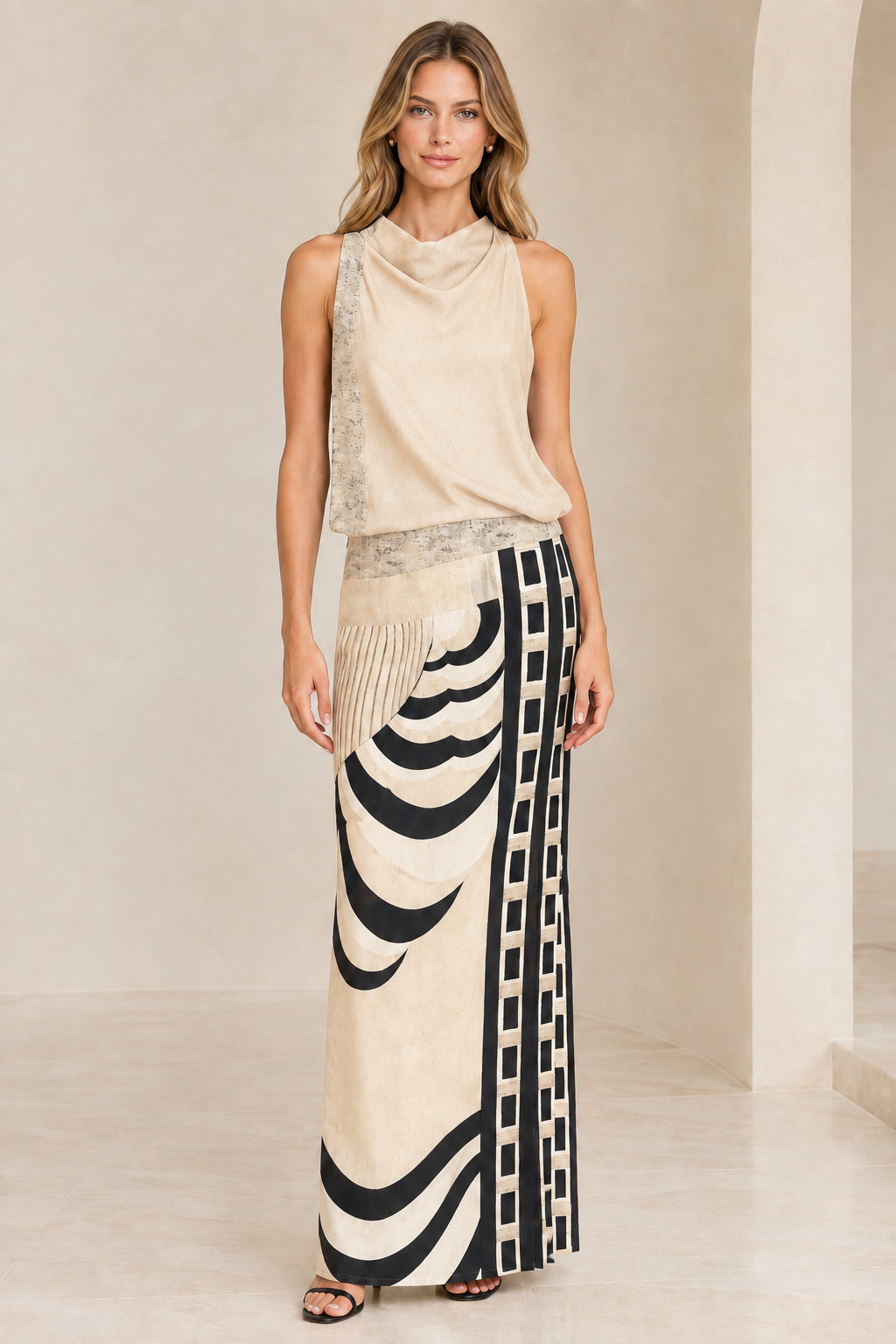 Front view of model wearing champagne beige abstract geometric print maxi dress