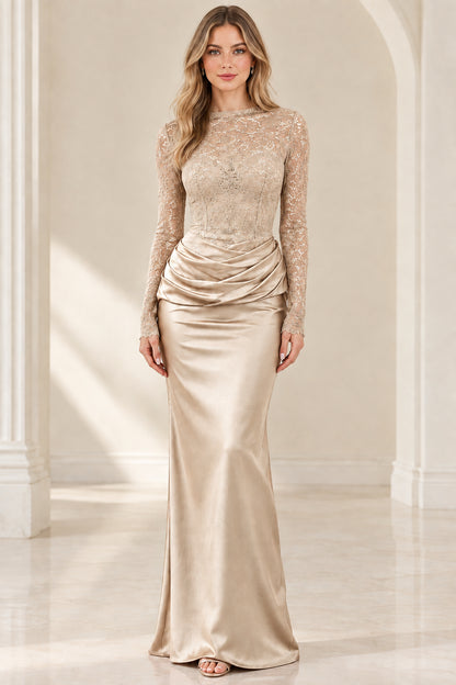 Front view of champagne gold long sleeve lace and satin mermaid dress