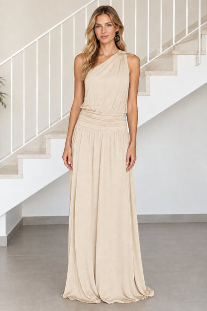 Front view of model wearing champagne beige one-shoulder ruched waist maxi dress