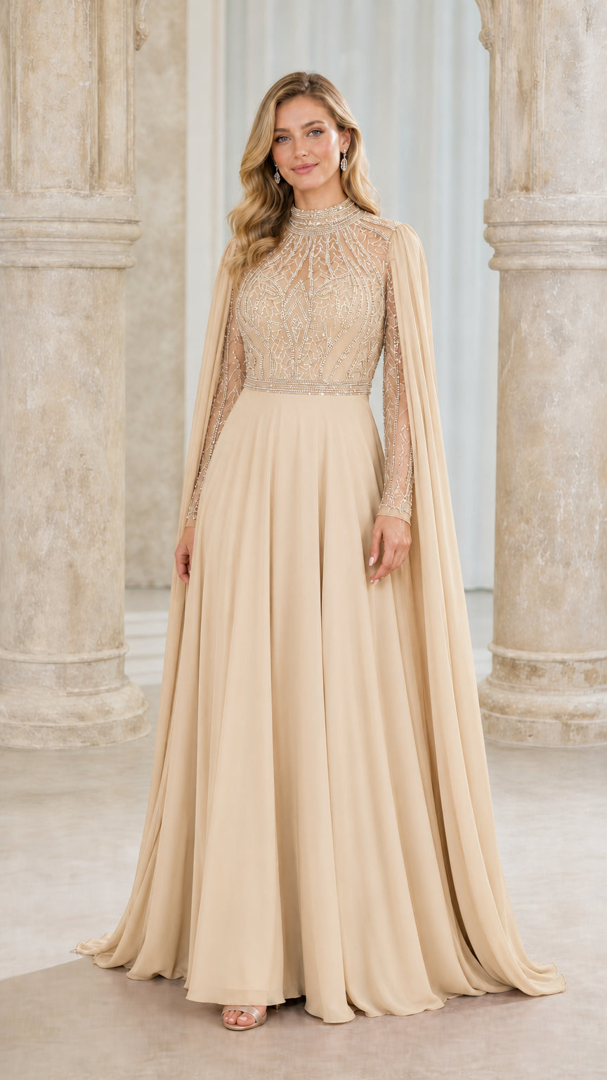 Front view of champagne evening gown with cape