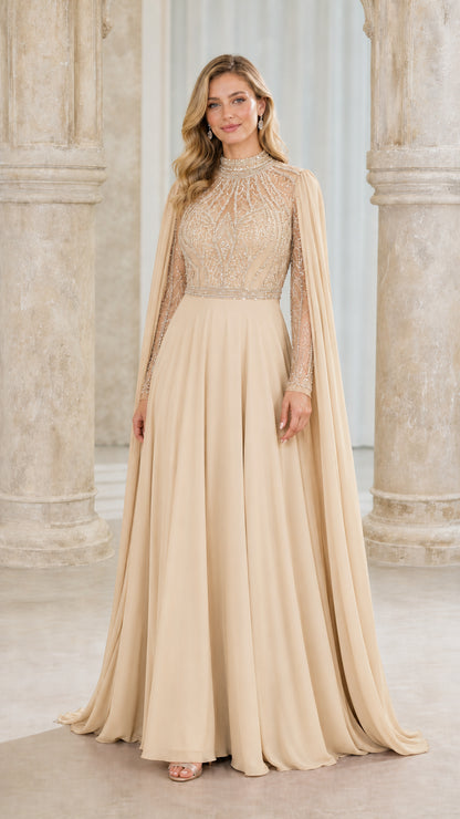 Front view of champagne evening gown with cape