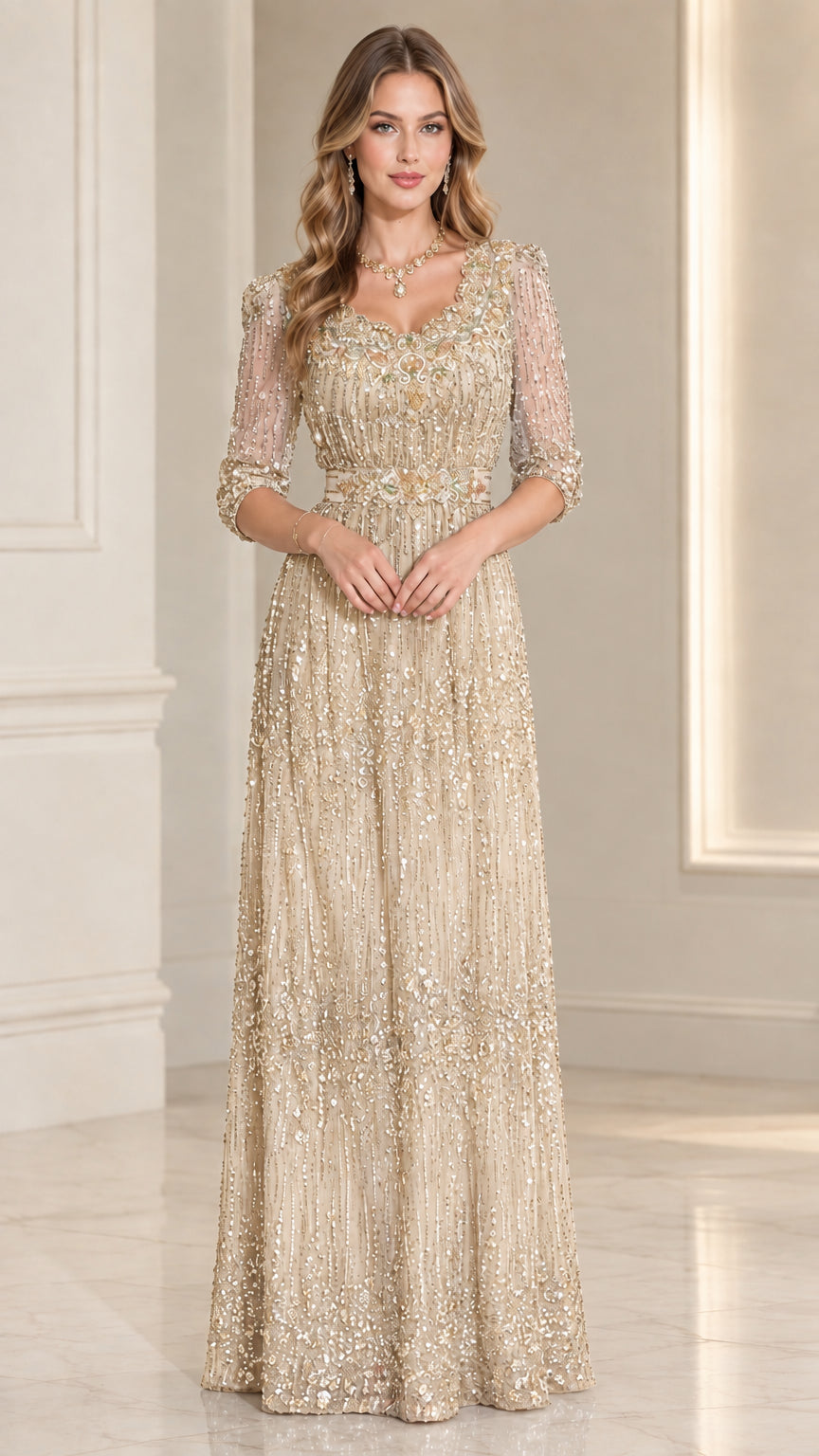 Front view of champagne gold embellished 3/4 sleeve formal evening dress