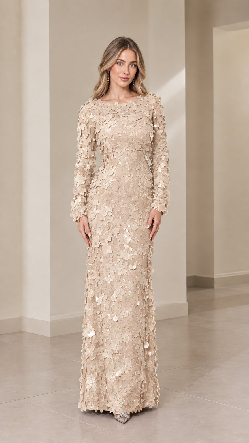 Champagne beige 3D floral appliqué formal long sleeve gown