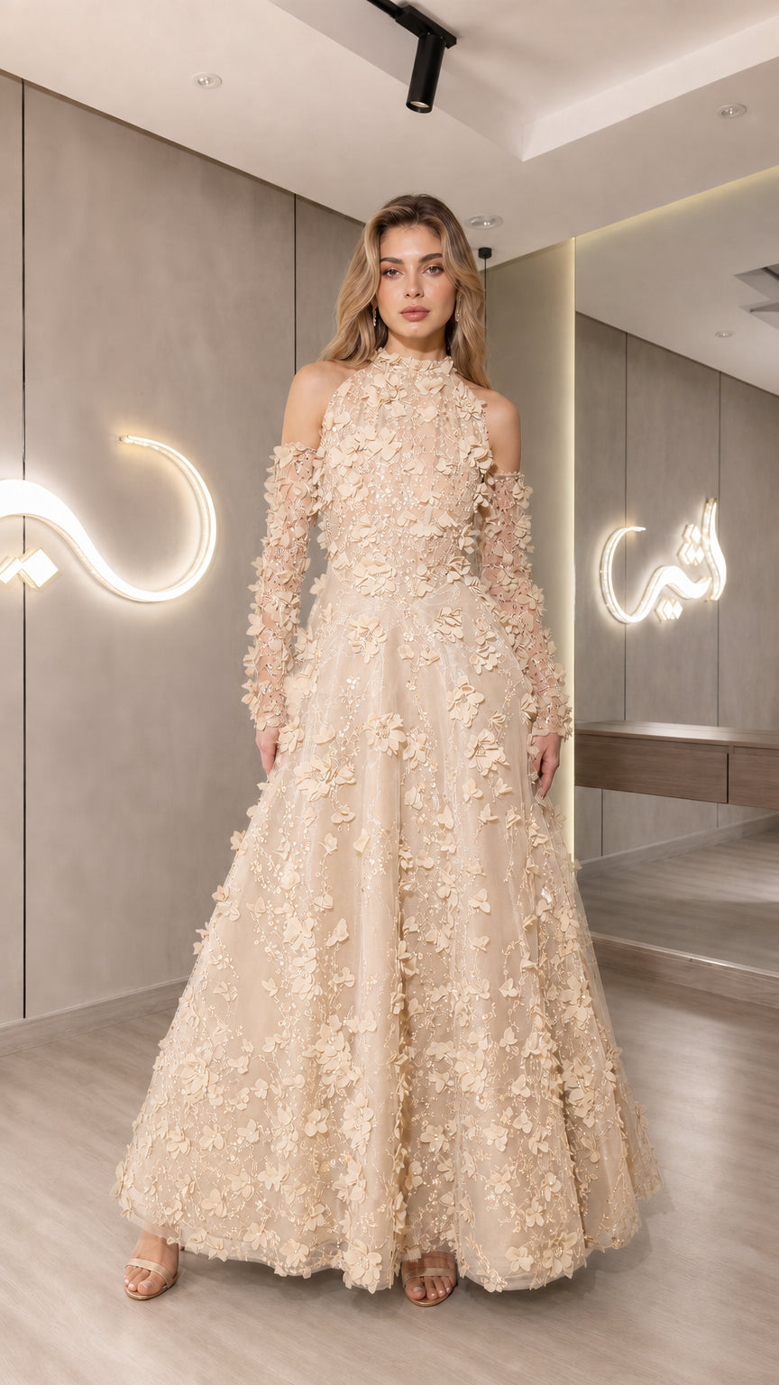 Front view of champagne beige 3D floral applique cold shoulder halter formal dress