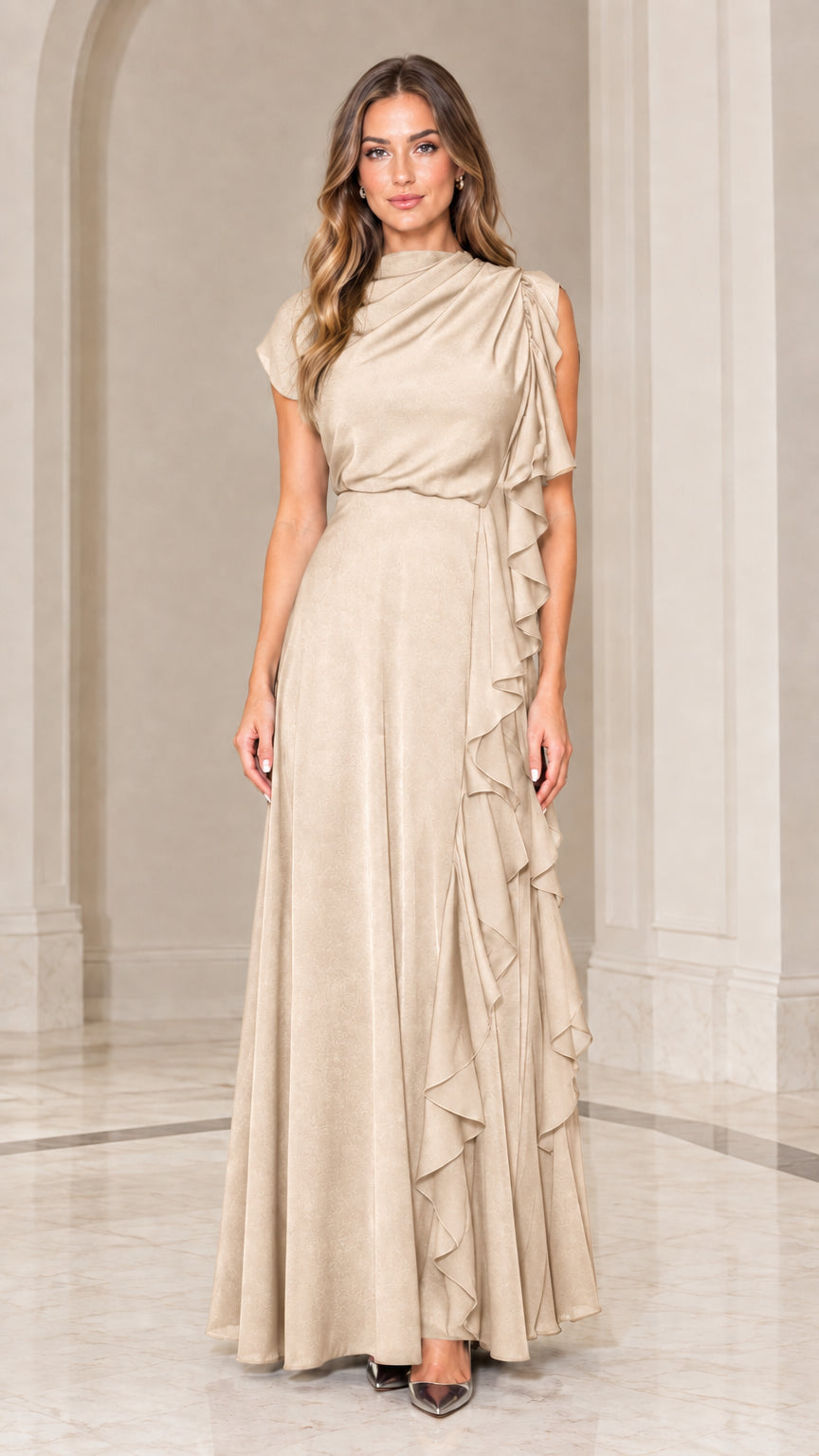 Champagne beige draped high neck floor-length formal dress