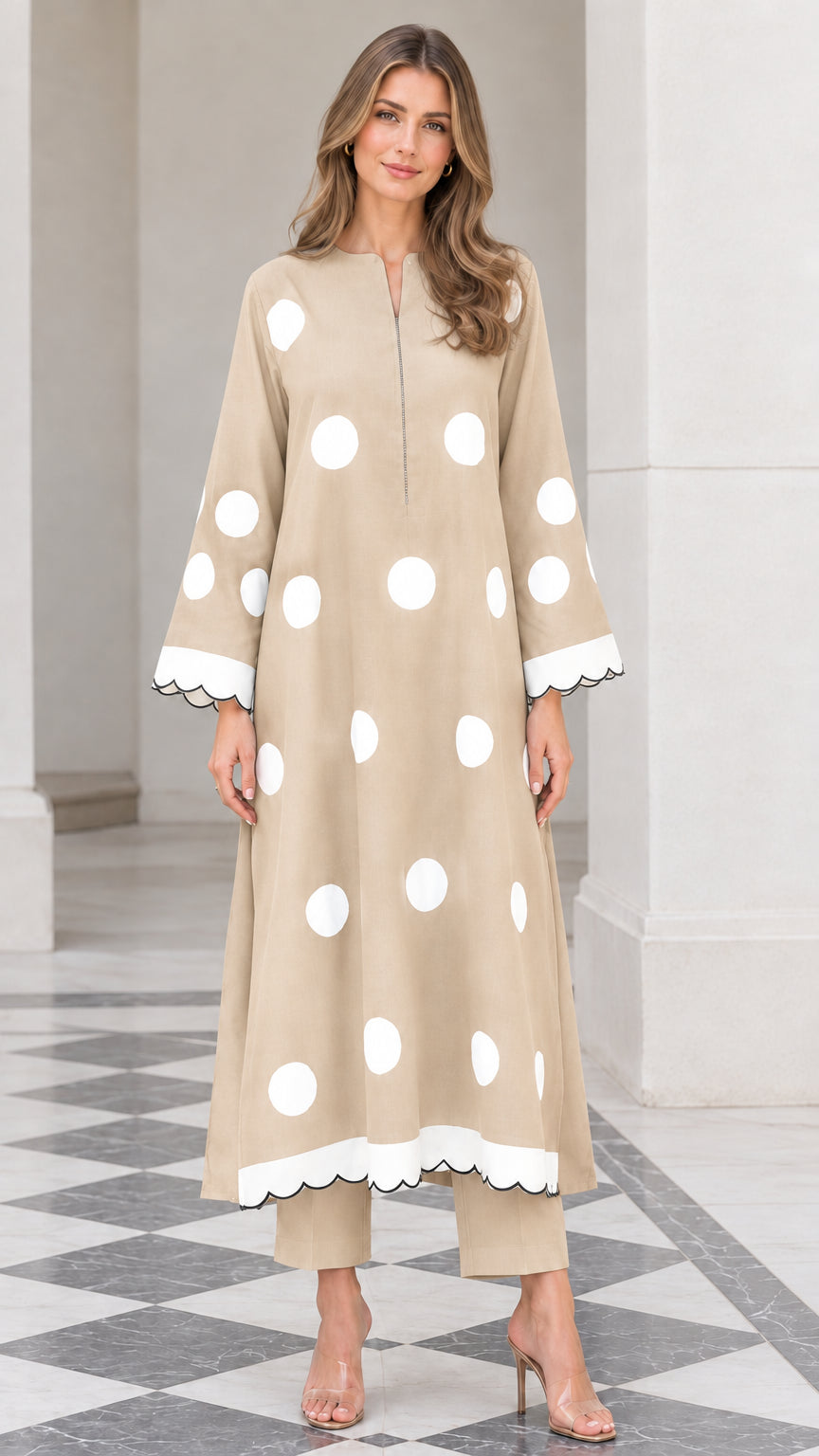 Model wearing Beige tan polka dot two-piece tunic and trousers set