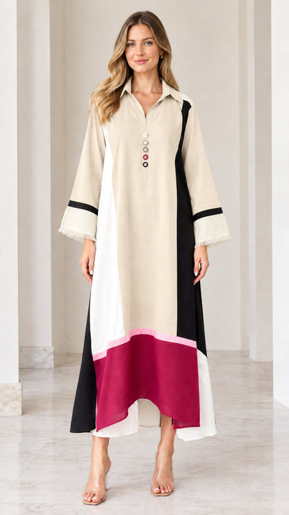 Front view of model wearing Cream color block collared maxi dress