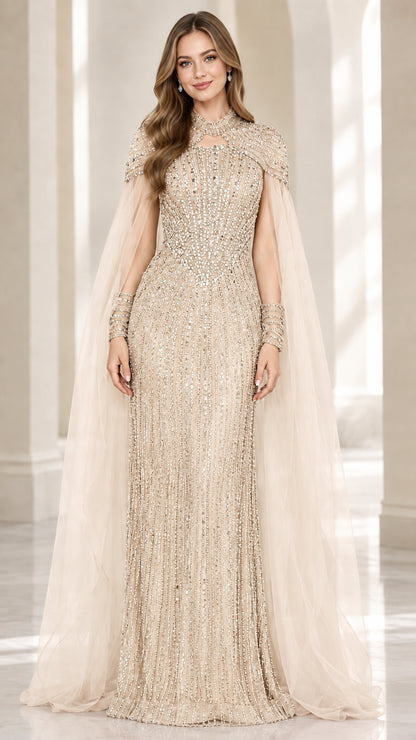 Front view of champagne gold embellished cape evening gown