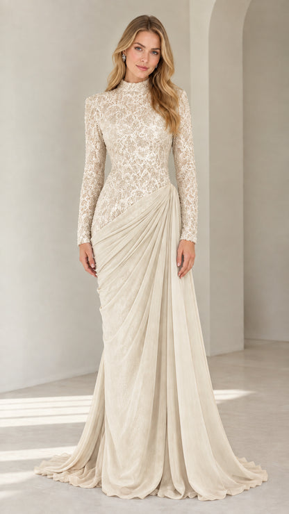 Front view of champagne ivory high neck lace long sleeve draped evening dress