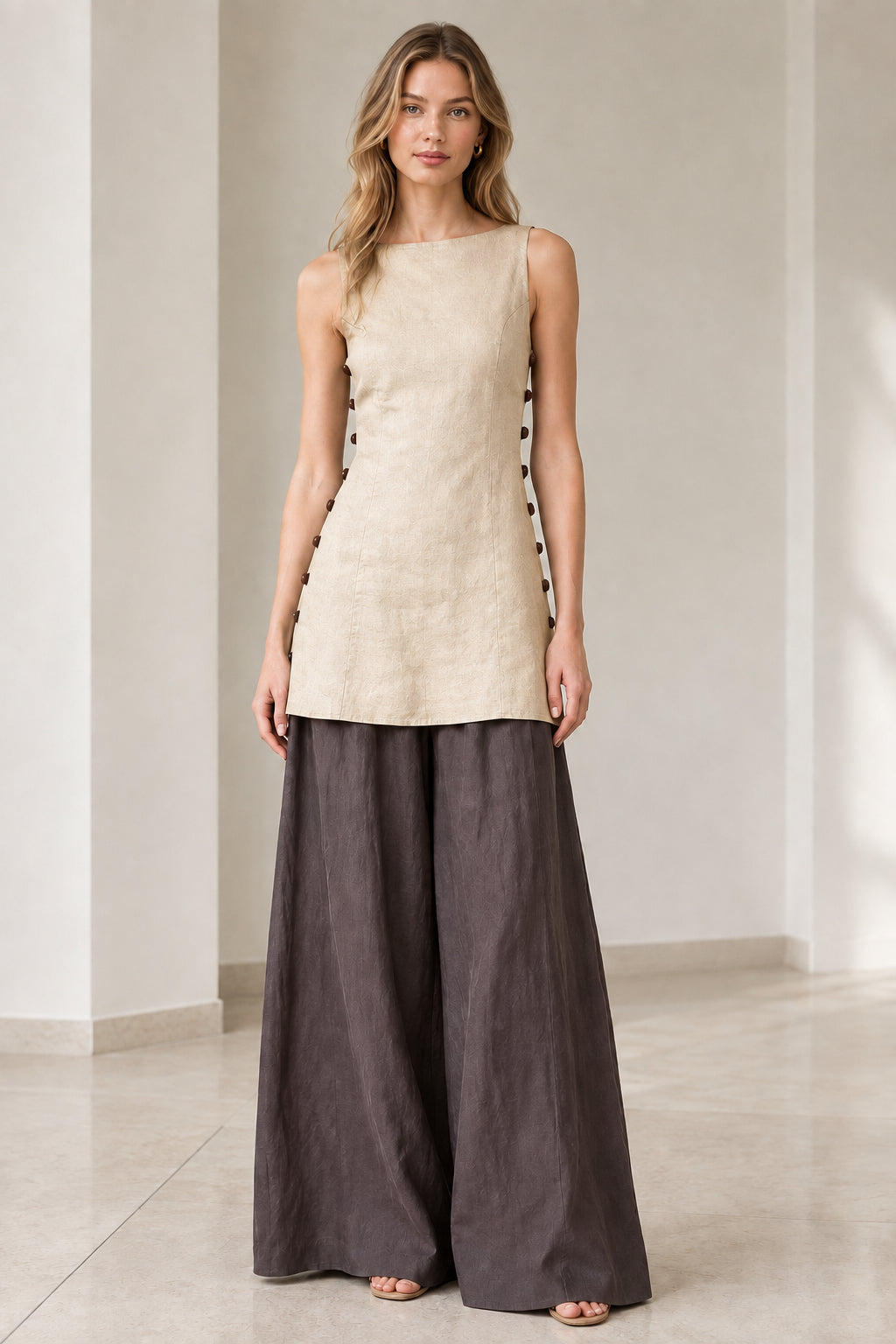 Model wearing natural beige sleeveless tunic top paired with charcoal wide-leg pants