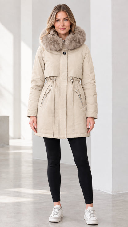 Front view of model wearing cream off-white faux fur hooded winter parka