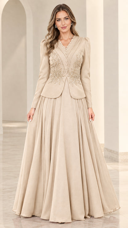 Champagne beige beaded V-neck long sleeve formal gown