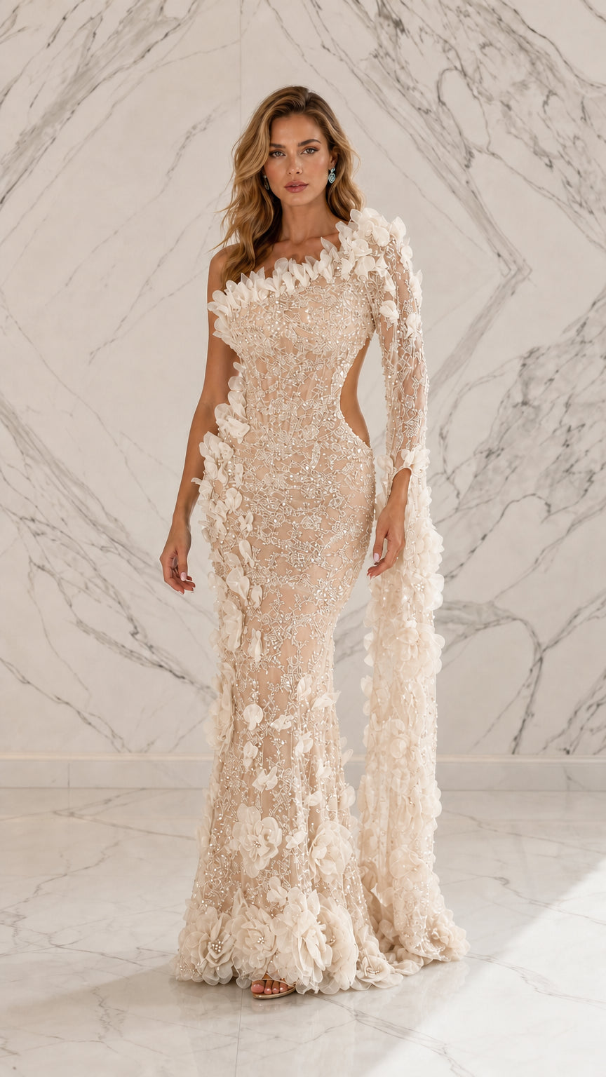 Champagne variant of one-shoulder floral cutout evening dress