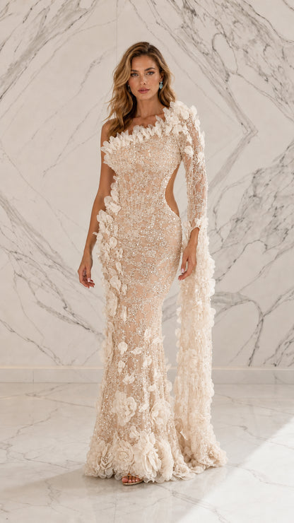 Champagne variant of one-shoulder floral cutout evening dress