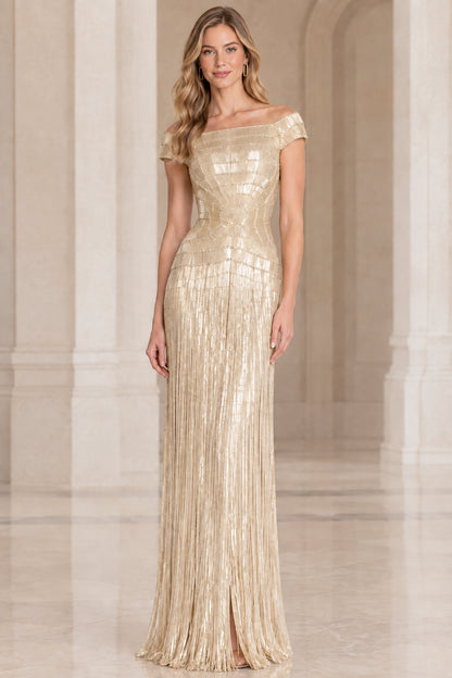 Front view of woman wearing champagne gold off-the-shoulder beaded evening dress