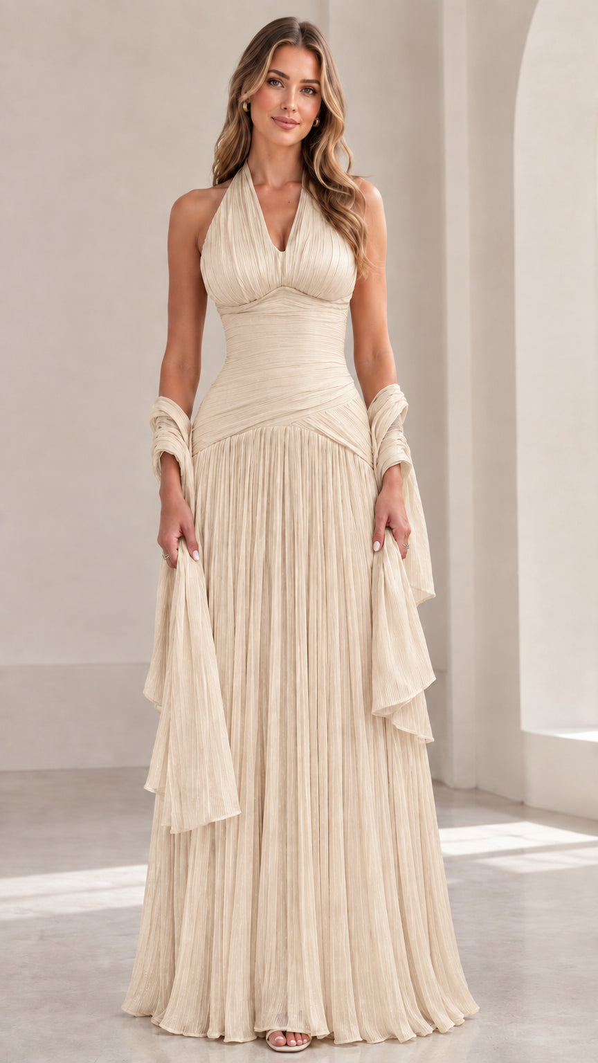Full-length Champagne beige halter pleated formal evening gown with wrap