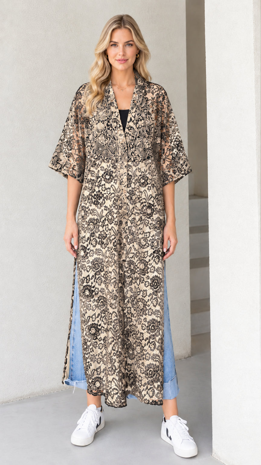 Front view of model wearing khaki beige floral lace maxi duster cardigan