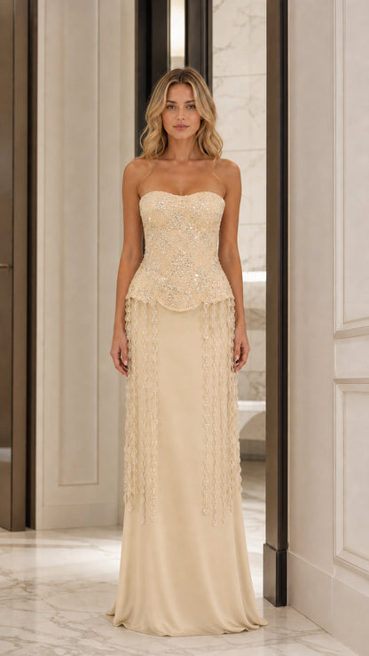Champagne gold strapless beaded lace evening maxi dress