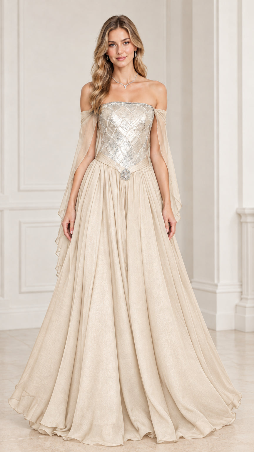 Model wearing Champagne gold sequin corset ball gown with flowing chiffon skirt
