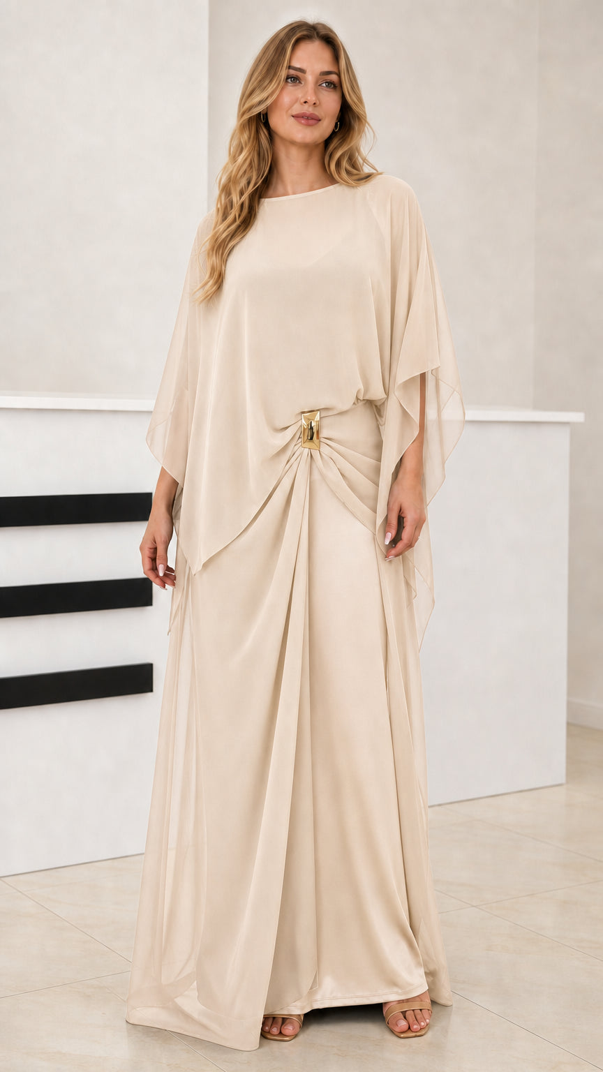 Champagne beige capelet draped evening gown with gold accent