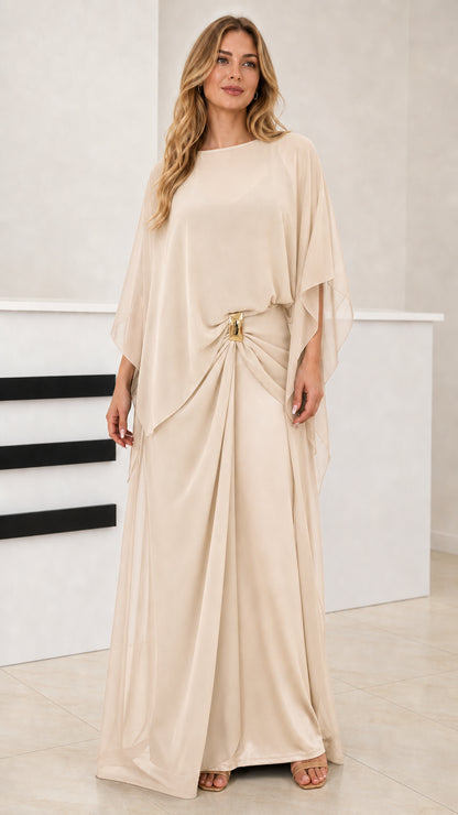 Champagne beige capelet draped evening gown with gold accent