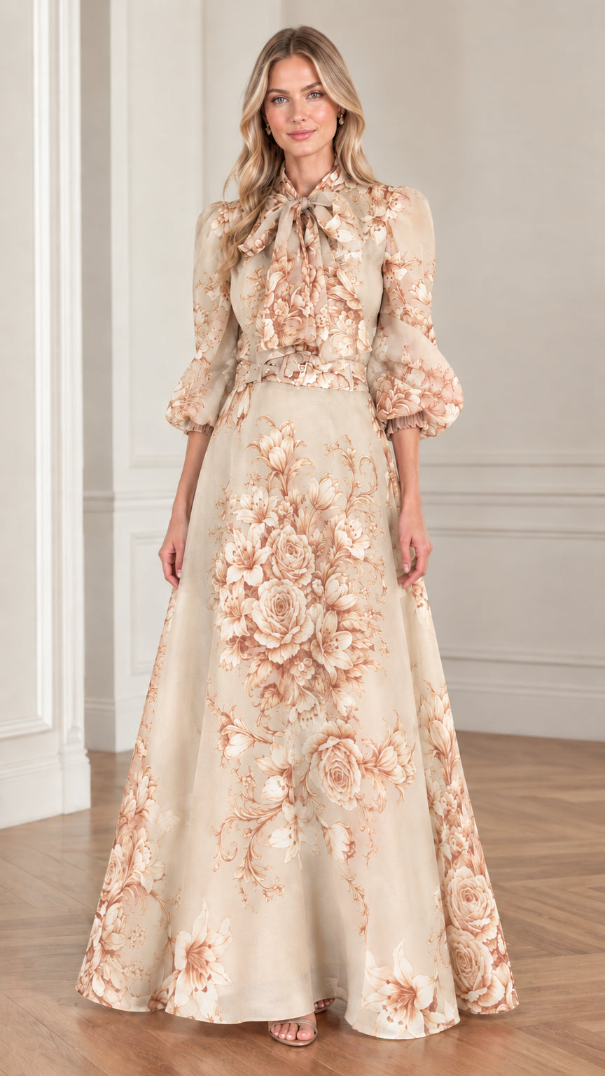 Full front view of champagne cream floral tie-neck belted maxi dress