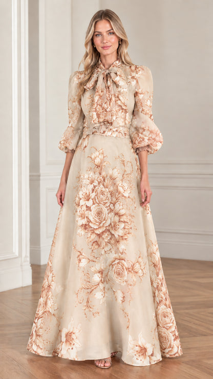 Full front view of champagne cream floral tie-neck belted maxi dress