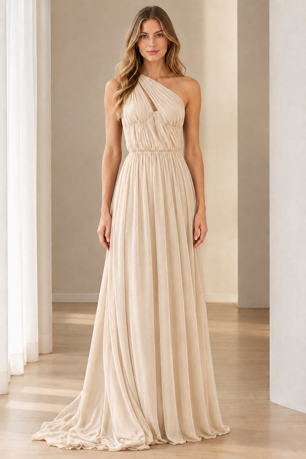 Champagne beige one-shoulder pleated chiffon evening gown