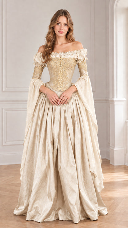 Front view of woman wearing champagne ivory vintage Renaissance gown