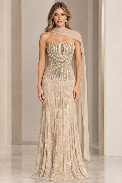 Champagne strapless beaded evening dress with graceful shoulder drape