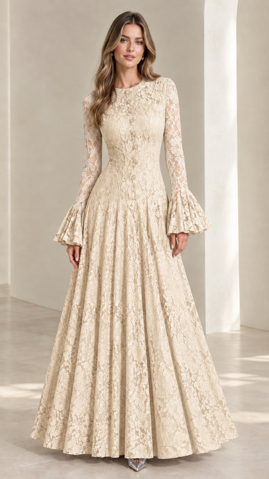 Full-length view of the Champagne cream lace formal maxi gown