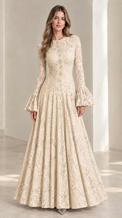 Full-length view of the Champagne cream lace formal maxi gown