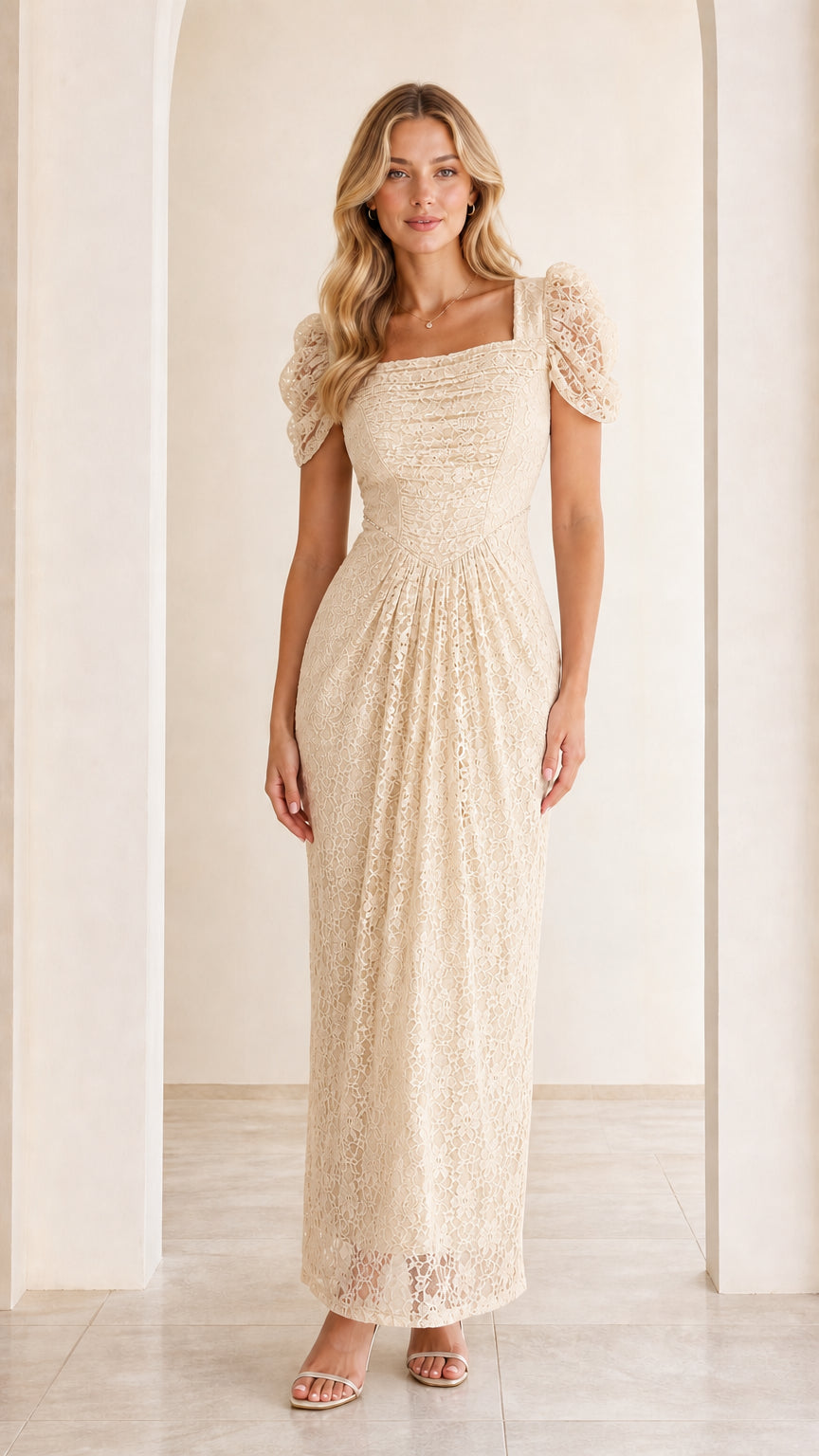 Champagne cream square neck floral lace maxi dress front view
