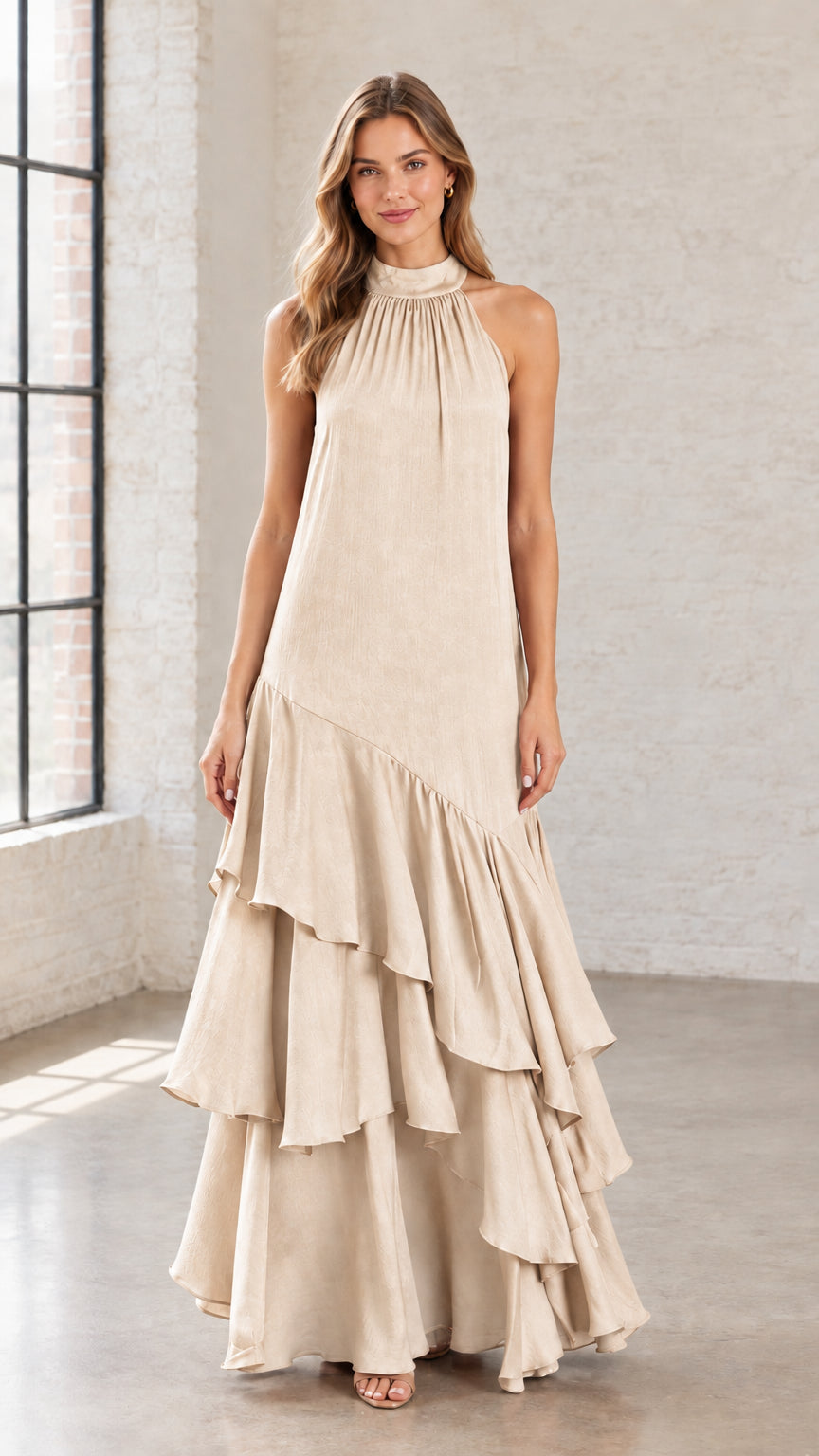 Front view of champagne beige halter neck tiered ruffle maxi dress
