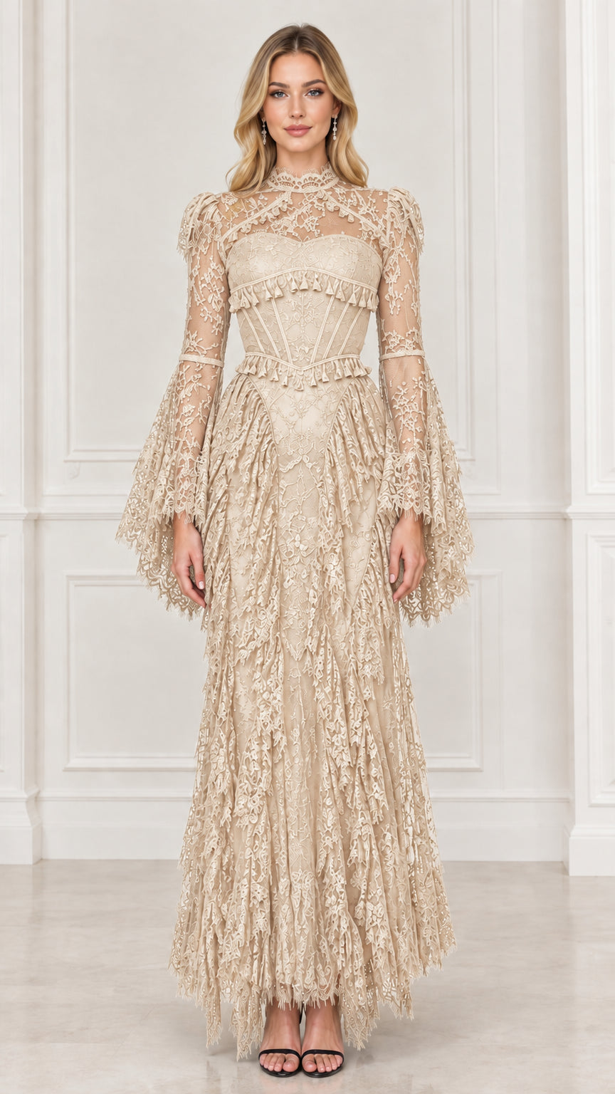 Champagne beige romantic lace corset gown with tiered floor-length skirt