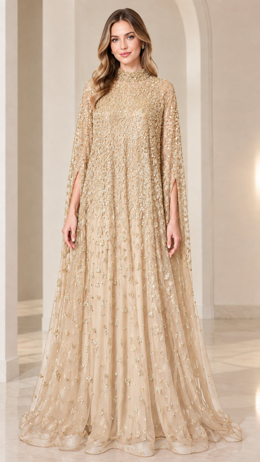 Front view of champagne gold embellished sequin cape evening gown
