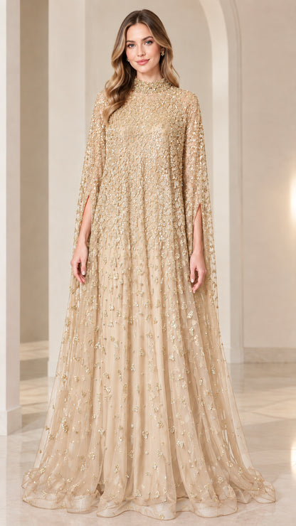 Front view of champagne gold embellished sequin cape evening gown