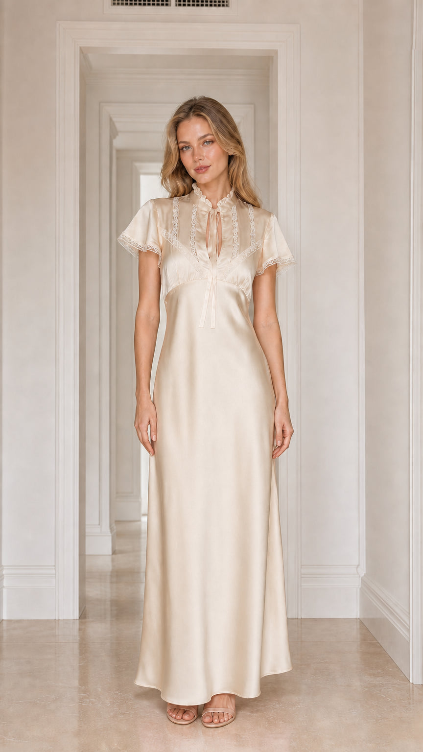 Model wearing champagne satin lace-trim maxi dress