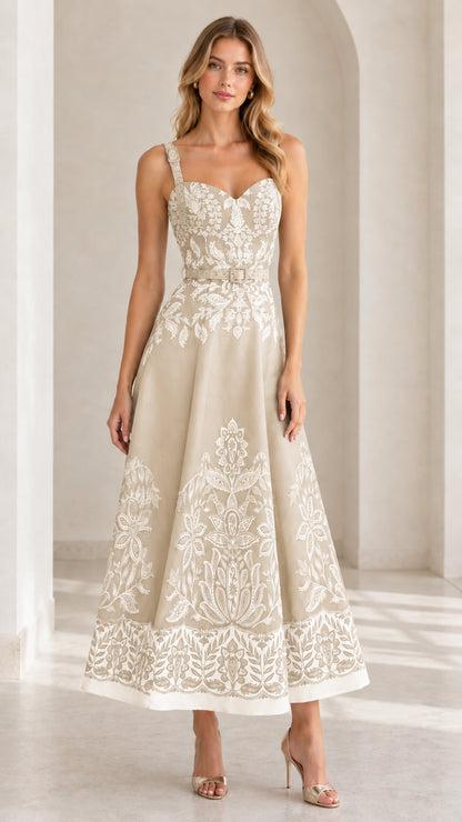 Champagne beige floral print sweetheart A-line midi dress on model