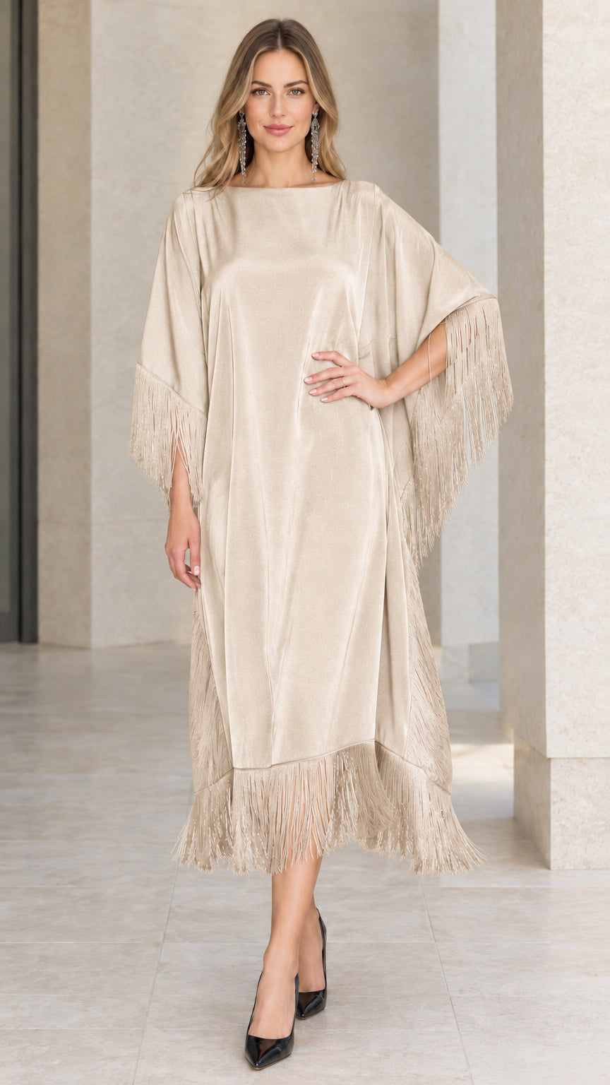 Front view of champagne beige satin fringe kaftan dress