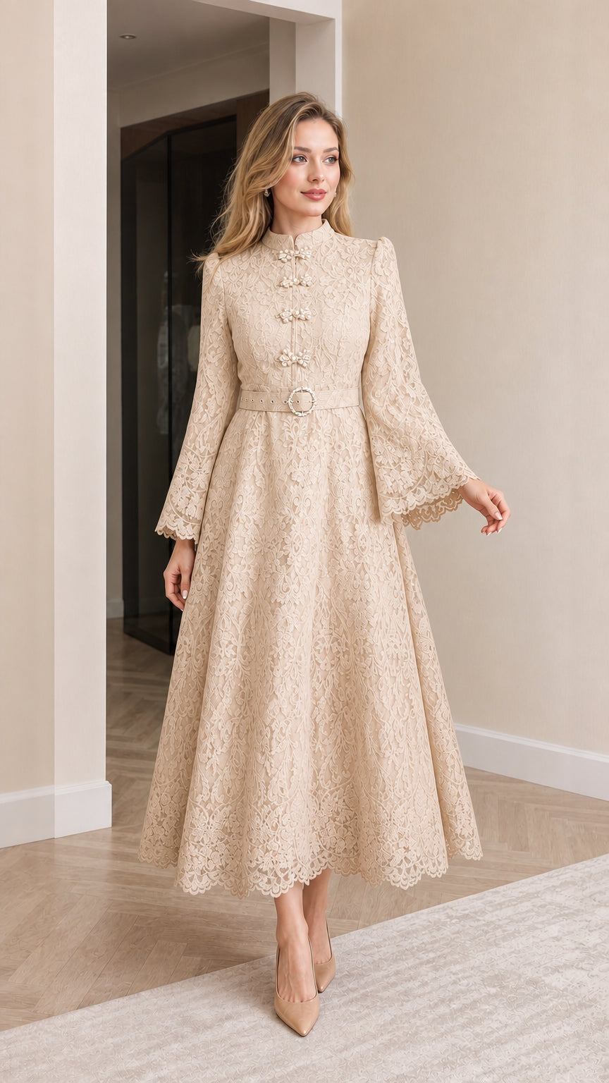 Front full view of beige floral lace mandarin collar maxi dress with belt