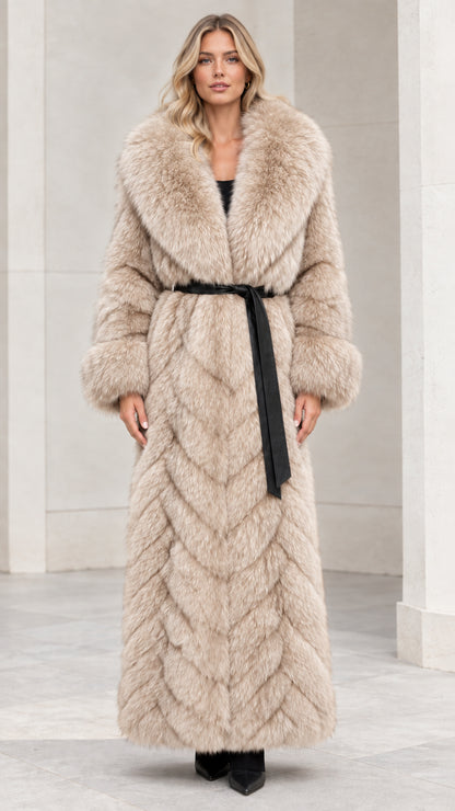 Front view of cream beige chevron faux fur maxi coat with tie belt